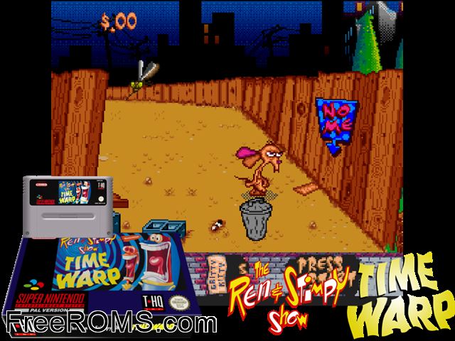 Ren And Stimpy Show, The - Time Warp SNES game showing 3D box cover and gameplay screenshot