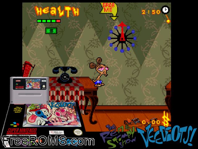 Ren And Stimpy Show, The - Veediots! SNES game showing 3D box cover and gameplay screenshot
