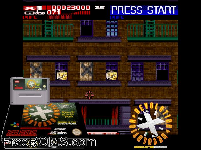 Revolution X SNES game showing 3D box cover and gameplay screenshot