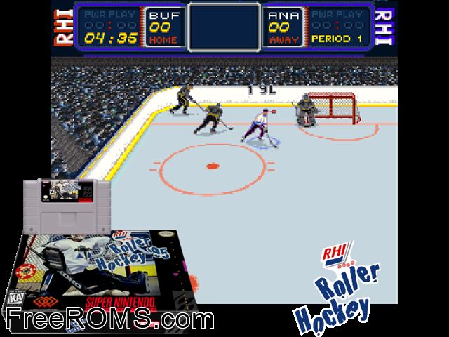 RHI Roller Hockey '95 SNES game showing 3D box cover and gameplay screenshot