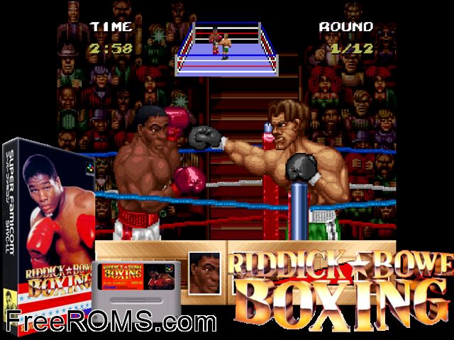 Riddick Bowe Boxing SNES game showing 3D box cover and gameplay screenshot
