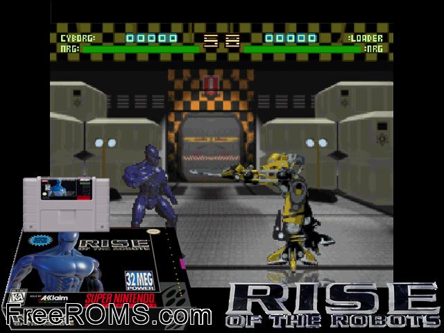Rise of the Robots SNES game showing 3D box cover and gameplay screenshot