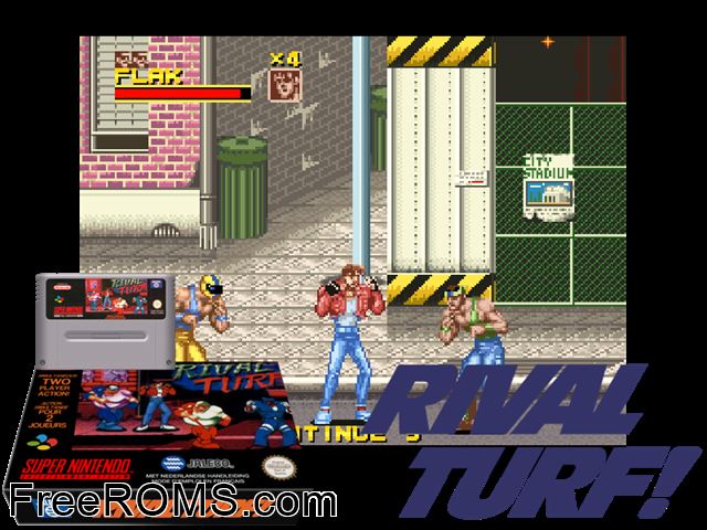 Rival Turf SNES game showing 3D box cover and gameplay screenshot