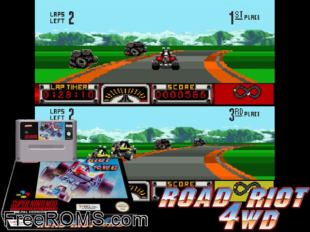 Road Riot 4WD SNES game showing 3D box cover and gameplay screenshot