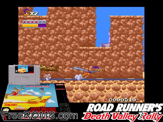 Road Runner's Death Valley Rally SNES game showing 3D box cover and gameplay screenshot