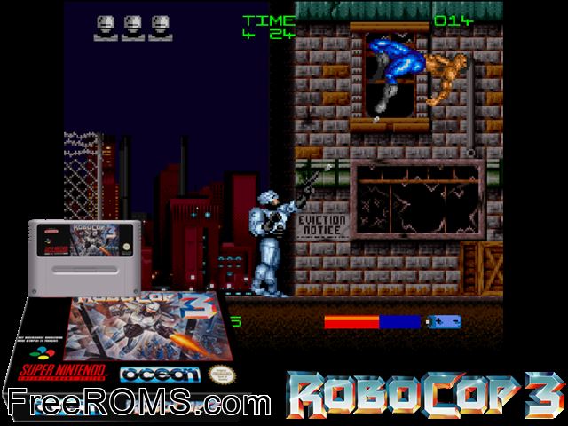 Robocop 3 SNES game showing 3D box cover and gameplay screenshot