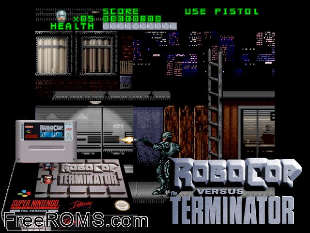 Robocop Versus The Terminator SNES game showing 3D box cover and gameplay screenshot