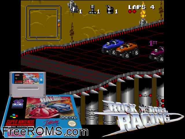 Rock N' Roll Racing SNES game showing 3D box cover and gameplay screenshot