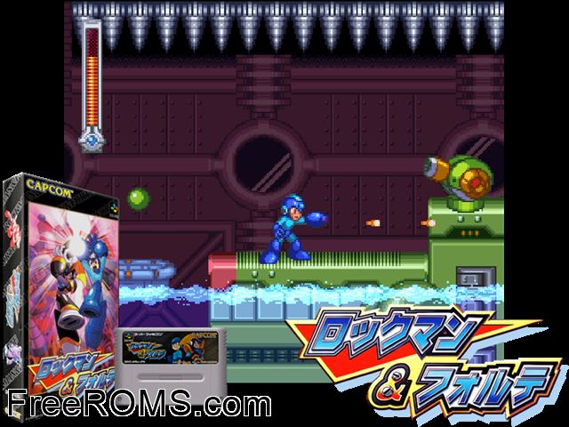 Rockman And Forte SNES game showing 3D box cover and gameplay screenshot