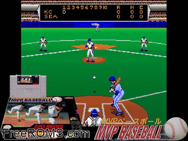 Roger Clemens' MVP Baseball SNES game showing 3D box cover and gameplay screenshot