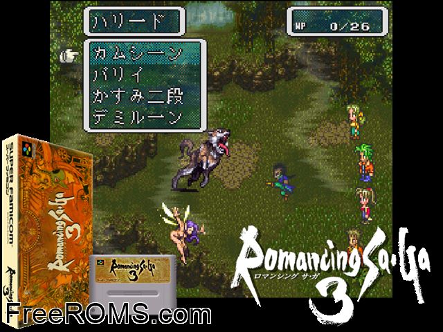 Romancing SaGa 3 SNES game showing 3D box cover and gameplay screenshot