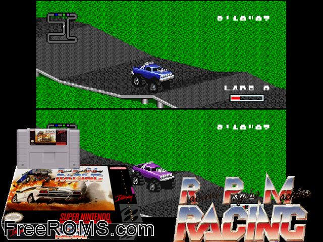 RPM Racing SNES game showing 3D box cover and gameplay screenshot