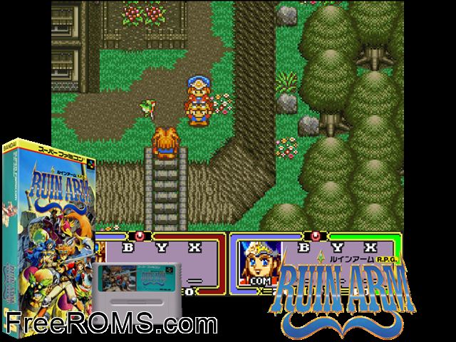 Ruin Arm SNES game showing 3D box cover and gameplay screenshot