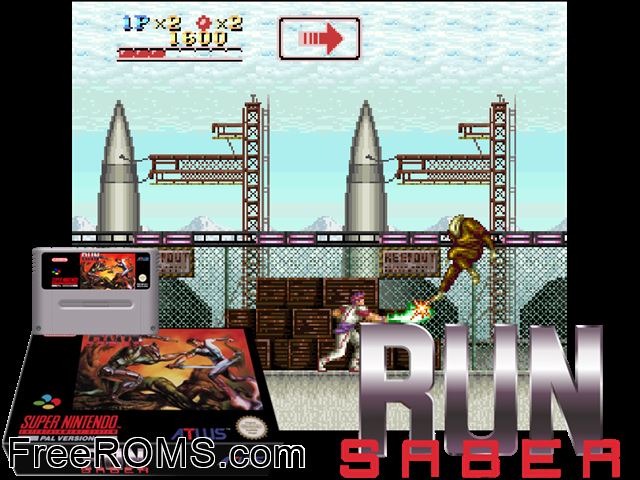 Run Saber SNES game showing 3D box cover and gameplay screenshot