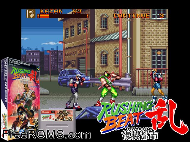 Rushing Beat Ran - Fukusei Toshi SNES game showing 3D box cover and gameplay screenshot