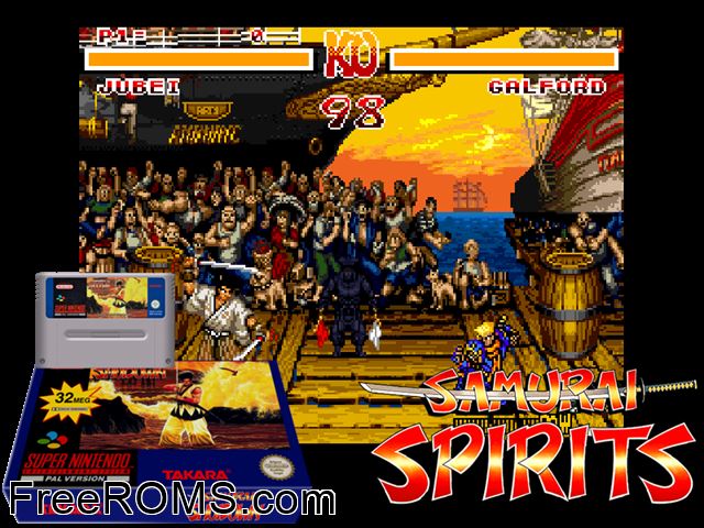 Samurai Shodown SNES game showing 3D box cover and gameplay screenshot