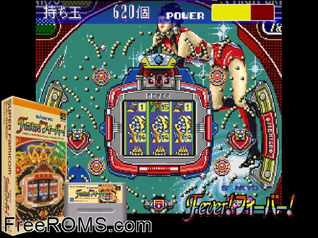 Sankyo Fever! Fever! SNES game showing 3D box cover and gameplay screenshot