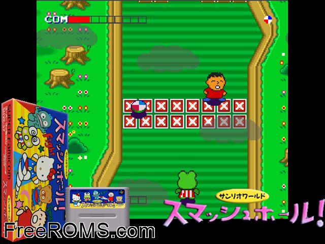 Sanrio World Smash Ball! SNES game showing 3D box cover and gameplay screenshot