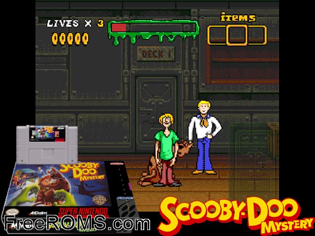 Scooby-Doo SNES game showing 3D box cover and gameplay screenshot