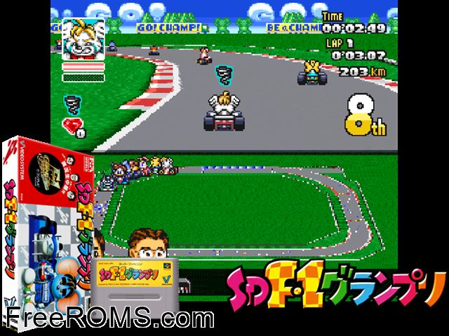 SD F-1 Grand Prix SNES game showing 3D box cover and gameplay screenshot
