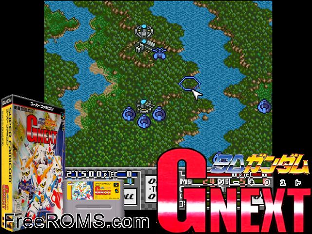 SD Gundam G Next - Data Pack 2 SNES game showing 3D box cover and gameplay screenshot