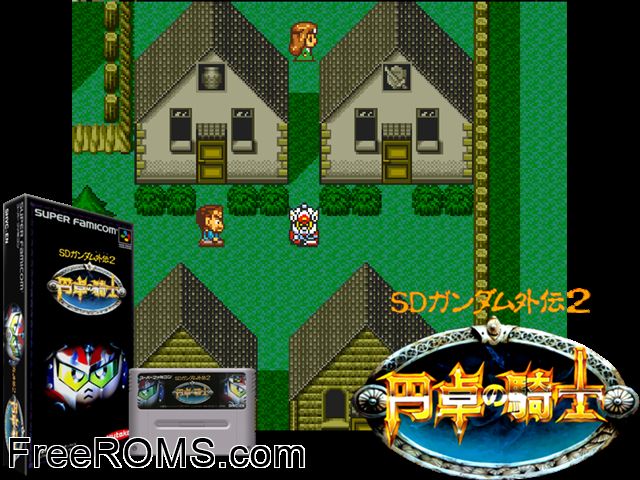 SD Gundam Gaiden 2 - Entaku no Kishi SNES game showing 3D box cover and gameplay screenshot