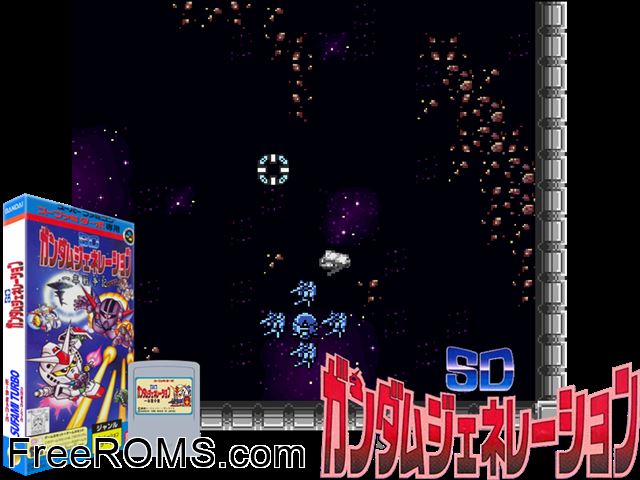 SD Gundam Generations SNES game showing 3D box cover and gameplay screenshot