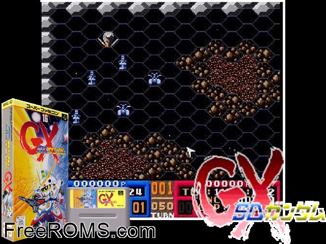 SD Gundam GX SNES game showing 3D box cover and gameplay screenshot