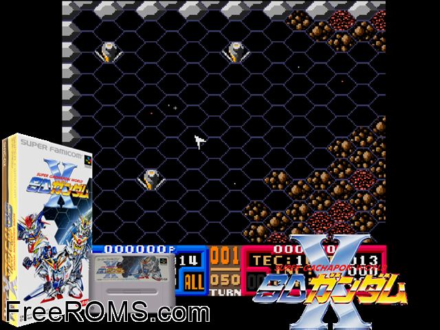 SD Gundam X SNES game showing 3D box cover and gameplay screenshot