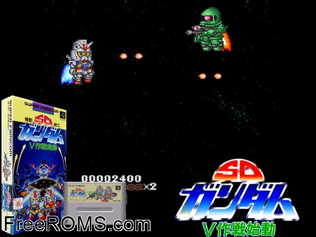 SD Kidou Senshi Gundam - V Sakusen Shidou SNES game showing 3D box cover and gameplay screenshot