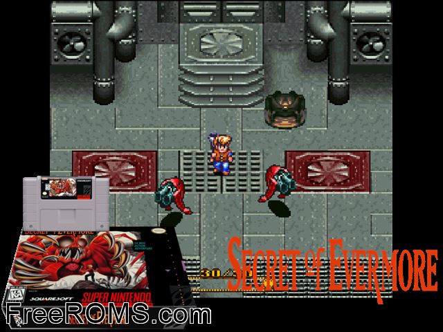 Secret of Evermore SNES game showing 3D box cover and gameplay screenshot