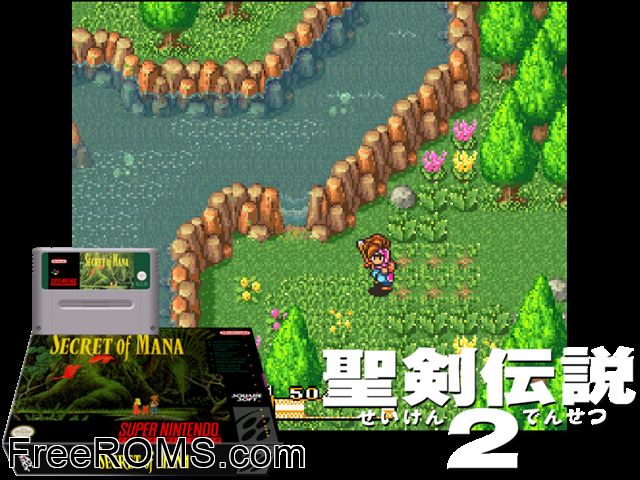 Secret of Mana SNES game showing 3D box cover and gameplay screenshot
