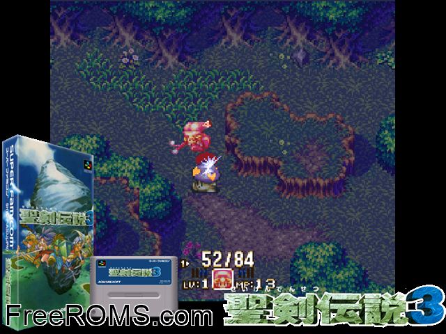 Seiken Densetsu 3 SNES game showing 3D box cover and gameplay screenshot