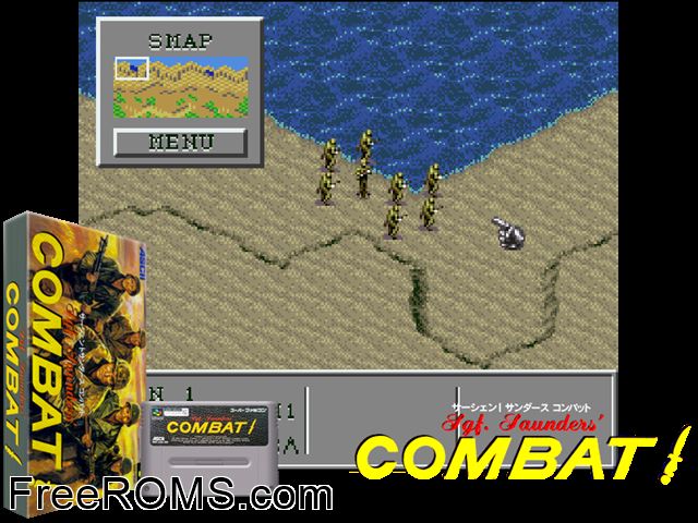 Sgt. Saunders' Combat! SNES game showing 3D box cover and gameplay screenshot