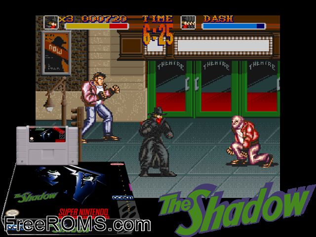 Shadow, The SNES game showing 3D box cover and gameplay screenshot