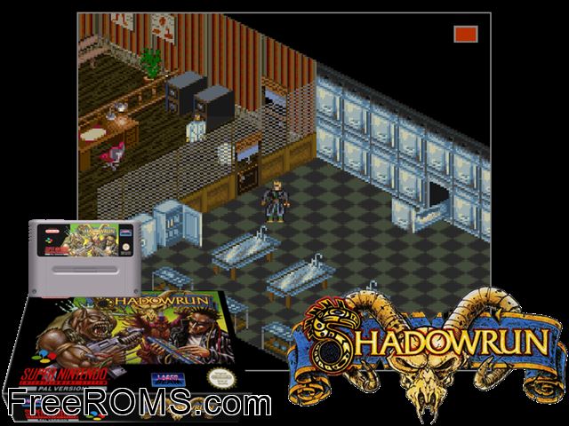 Shadowrun SNES game showing 3D box cover and gameplay screenshot