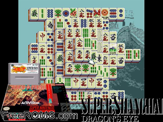 Shanghai II - Dragon's Eye SNES game showing 3D box cover and gameplay screenshot