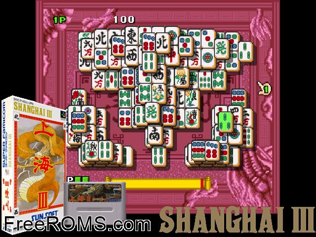 Shanghai III SNES game showing 3D box cover and gameplay screenshot