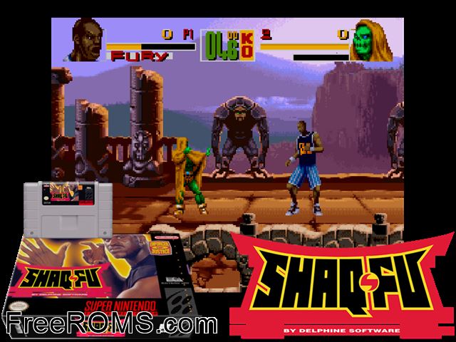 Shaq Fu SNES game showing 3D box cover and gameplay screenshot