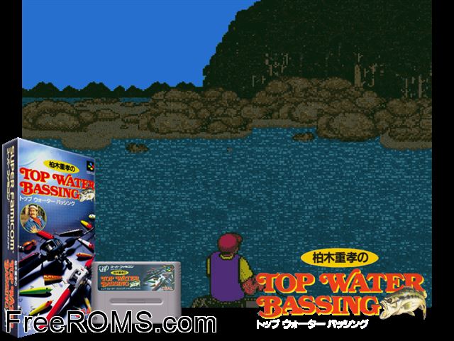 Shigetaka Kashiwagi's Top Water Bassing SNES game showing 3D box cover and gameplay screenshot