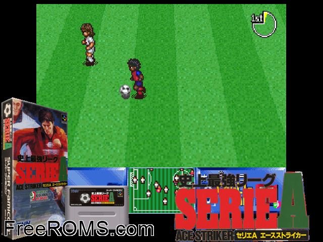 Shijou Saikyou League Serie A - Ace Striker SNES game showing 3D box cover and gameplay screenshot