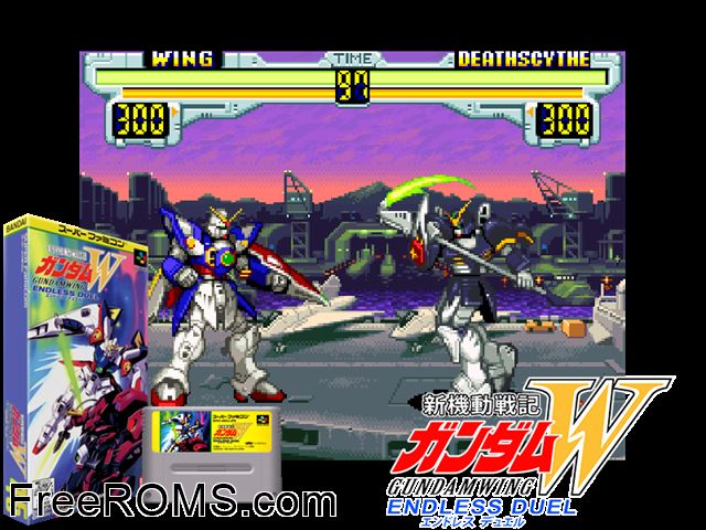 Shin Kidou Senki Gundam W - Endless Duel SNES game showing 3D box cover and gameplay screenshot