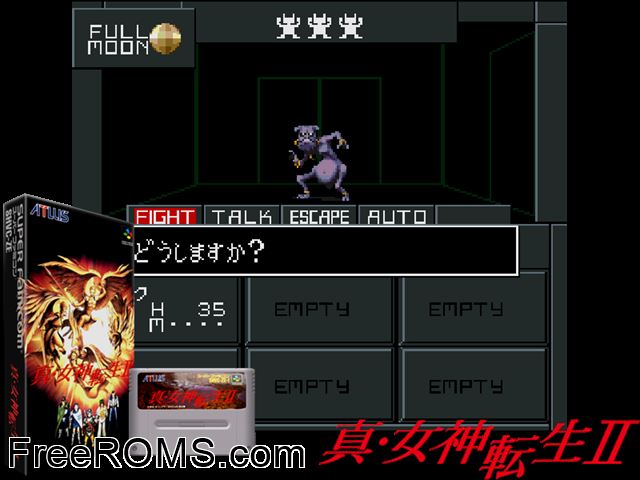 Shin Megami Tensei II SNES game showing 3D box cover and gameplay screenshot