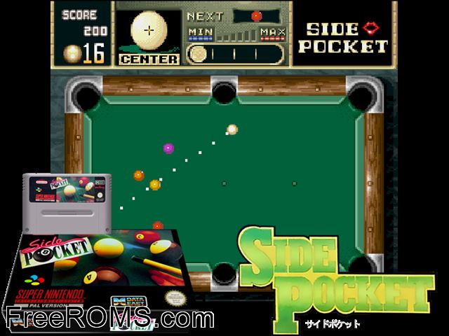 Side Pocket SNES game showing 3D box cover and gameplay screenshot