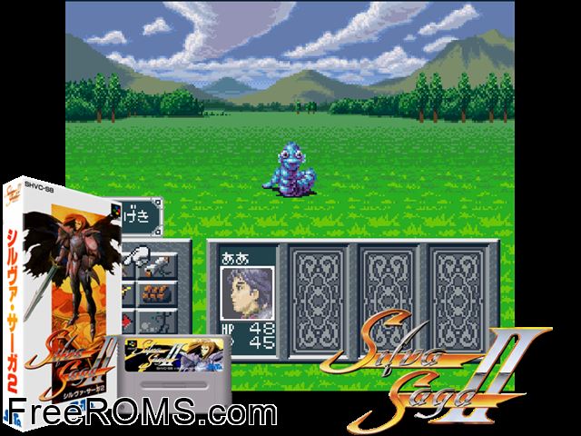 Silva Saga II - The Legend of Light and Darkness SNES game showing 3D box cover and gameplay screenshot