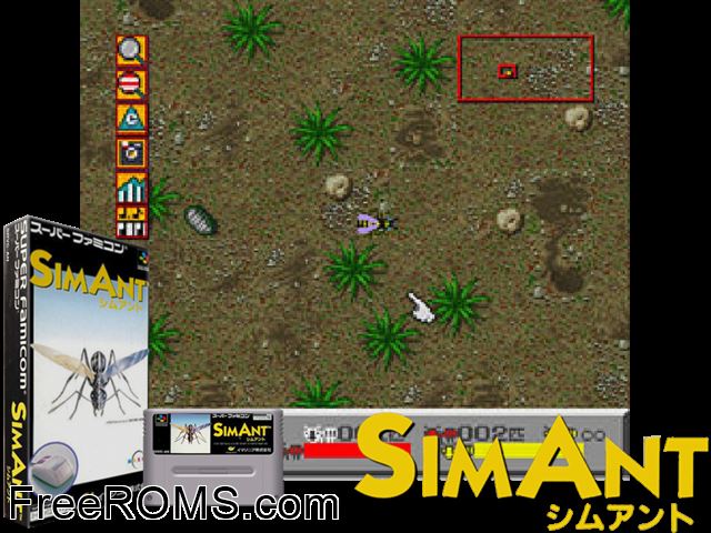 Sim Ant SNES game showing 3D box cover and gameplay screenshot