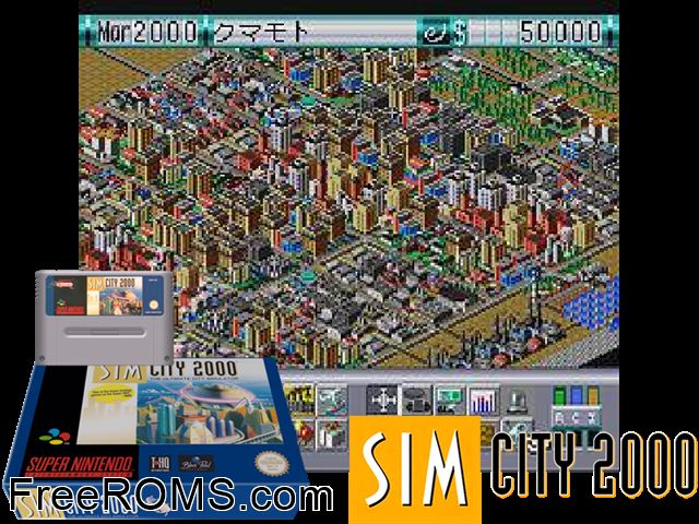 Sim City 2000 SNES game showing 3D box cover and gameplay screenshot