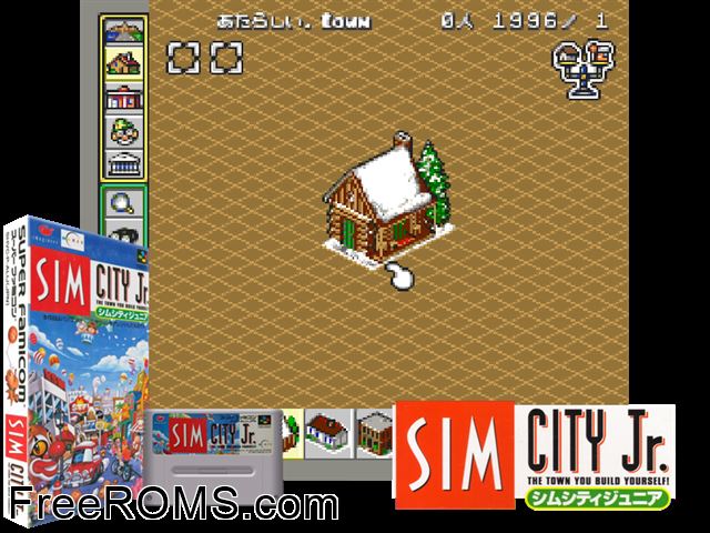 Sim City Jr. SNES game showing 3D box cover and gameplay screenshot
