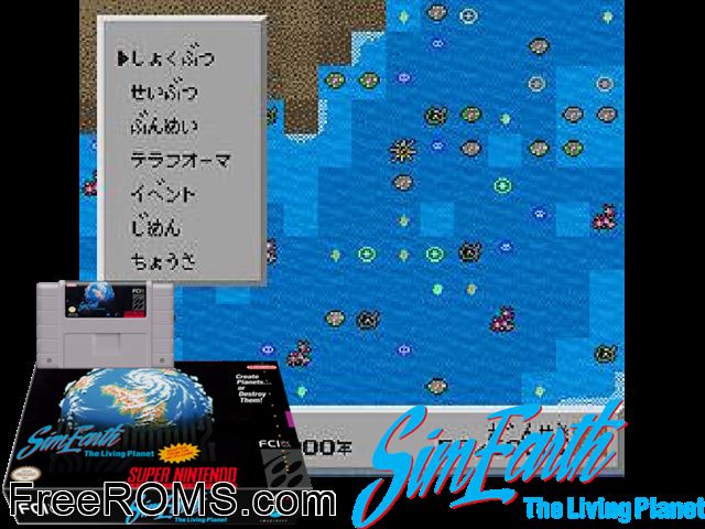 Sim Earth - The Living Planet SNES game showing 3D box cover and gameplay screenshot