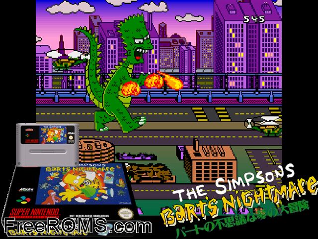 Simpsons, The - Bart's Nightmare SNES game showing 3D box cover and gameplay screenshot